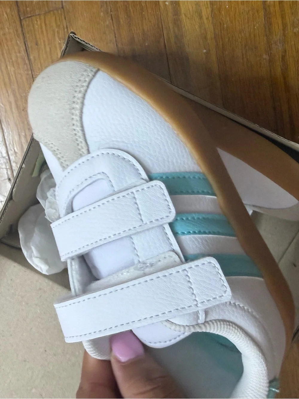 adidas Kids White Sneakers with Teal Stripes and Gum Sole